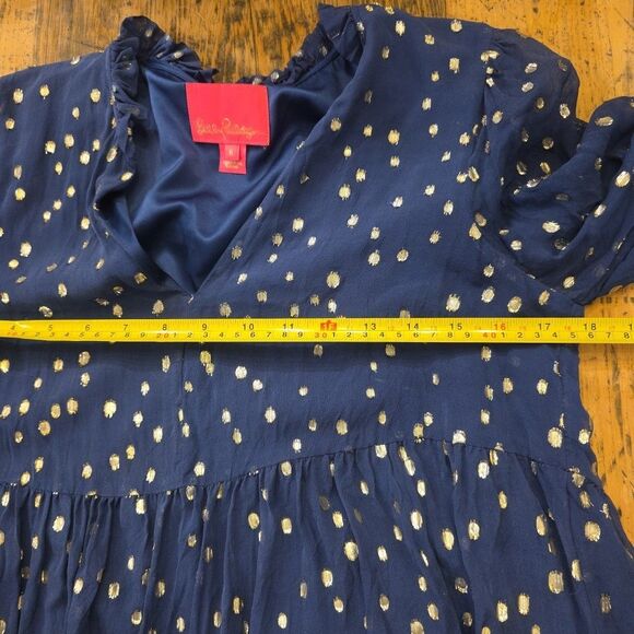 LILLY PULITZER Sarita Silk Swing Dress Navy Gold Dots Sz 6 Preppy Party‎ - Picture 7 of 9